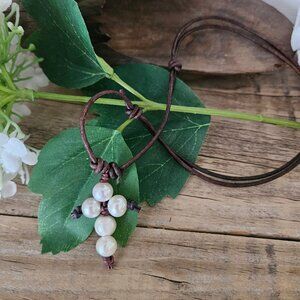 Boho Beach Hand Crafted Freshwater Pearl Cross on Brown Leather Adjustable